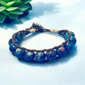Blue Agate Beaded Macrame Bracelet Leather Handmade 7.5" Length Button And Loop